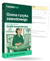 Pudełko dokumentu „Ocena ryzyka zawodowego” ze znakiem Ryzykomat i napisem „Plik Word (DOCX)” na froncie, ilustracja stanowiska „Grafik komputerowy”; zza pudełka wystaje strona prawdziwego dokumentu z rozmytą treścią