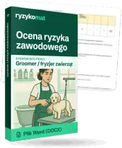 Pudełko dokumentu „Ocena ryzyka zawodowego” ze znakiem Ryzykomat i napisem „Plik Word (DOCX)” na froncie, ilustracja stanowiska „Groomer / fryzjer zwierząt”; zza pudełka wystaje strona prawdziwego dokumentu z rozmytą treścią