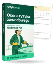 Pudełko dokumentu „Ocena ryzyka zawodowego” ze znakiem Ryzykomat i napisem „Plik Word (DOCX)” na froncie, ilustracja stanowiska „Hodowca ryb”; zza pudełka wystaje strona prawdziwego dokumentu z rozmytą treścią