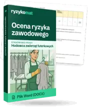 Pudełko dokumentu „Ocena ryzyka zawodowego” ze znakiem Ryzykomat i napisem „Plik Word (DOCX)” na froncie, ilustracja stanowiska „Hodowca zwierząt futerkowych”; zza pudełka wystaje strona prawdziwego dokumentu z rozmytą treścią