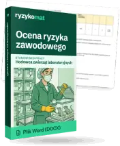 Pudełko dokumentu „Ocena ryzyka zawodowego” ze znakiem Ryzykomat i napisem „Plik Word (DOCX)” na froncie, ilustracja stanowiska „Hodowca zwierząt laboratoryjnych”; zza pudełka wystaje strona prawdziwego dokumentu z rozmytą treścią