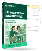 Pudełko dokumentu „Ocena ryzyka zawodowego” ze znakiem Ryzykomat i napisem „Plik Word (DOCX)” na froncie, ilustracja stanowiska „Informatyk”; zza pudełka wystaje strona prawdziwego dokumentu z rozmytą treścią
