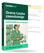Pudełko dokumentu „Ocena ryzyka zawodowego” ze znakiem Ryzykomat i napisem „Plik Word (DOCX)” na froncie, ilustracja stanowiska „Inspektor do spraw obrotu hurtowego lekami”; zza pudełka wystaje strona prawdziwego dokumentu z rozmytą treścią