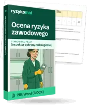 Pudełko dokumentu „Ocena ryzyka zawodowego” ze znakiem Ryzykomat i napisem „Plik Word (DOCX)” na froncie, ilustracja stanowiska „Inspektor ochrony radiologicznej”; zza pudełka wystaje strona prawdziwego dokumentu z rozmytą treścią