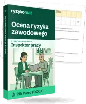 Pudełko dokumentu „Ocena ryzyka zawodowego” ze znakiem Ryzykomat i napisem „Plik Word (DOCX)” na froncie, ilustracja stanowiska „Inspektor pracy”; zza pudełka wystaje strona prawdziwego dokumentu z rozmytą treścią