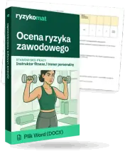 Pudełko dokumentu „Ocena ryzyka zawodowego” ze znakiem Ryzykomat i napisem „Plik Word (DOCX)” na froncie, ilustracja stanowiska „Instruktor fitness / trener personalny”; zza pudełka wystaje strona prawdziwego dokumentu z rozmytą treścią