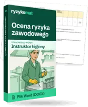 Pudełko dokumentu „Ocena ryzyka zawodowego” ze znakiem Ryzykomat i napisem „Plik Word (DOCX)” na froncie, ilustracja stanowiska „Instruktor higieny”; zza pudełka wystaje strona prawdziwego dokumentu z rozmytą treścią