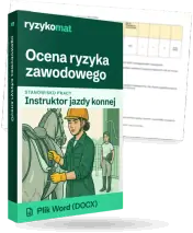 Pudełko dokumentu „Ocena ryzyka zawodowego” ze znakiem Ryzykomat i napisem „Plik Word (DOCX)” na froncie, ilustracja stanowiska „Instruktor jazdy konnej”; zza pudełka wystaje strona prawdziwego dokumentu z rozmytą treścią