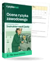 Pudełko dokumentu „Ocena ryzyka zawodowego” ze znakiem Ryzykomat i napisem „Plik Word (DOCX)” na froncie, ilustracja stanowiska „Instruktor nauki jazdy”; zza pudełka wystaje strona prawdziwego dokumentu z rozmytą treścią