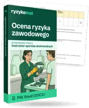 Pudełko dokumentu „Ocena ryzyka zawodowego” ze znakiem Ryzykomat i napisem „Plik Word (DOCX)” na froncie, ilustracja stanowiska „Instruktor sportów ekstremalnych”; zza pudełka wystaje strona prawdziwego dokumentu z rozmytą treścią