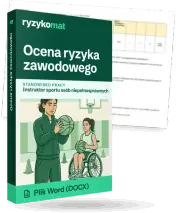 Pudełko dokumentu „Ocena ryzyka zawodowego” ze znakiem Ryzykomat i napisem „Plik Word (DOCX)” na froncie, ilustracja stanowiska „Instruktor sportu osób niepełnosprawnych”; zza pudełka wystaje strona prawdziwego dokumentu z rozmytą treścią