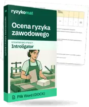 Pudełko dokumentu „Ocena ryzyka zawodowego” ze znakiem Ryzykomat i napisem „Plik Word (DOCX)” na froncie, ilustracja stanowiska „Introligator”; zza pudełka wystaje strona prawdziwego dokumentu z rozmytą treścią