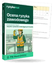Pudełko dokumentu „Ocena ryzyka zawodowego” ze znakiem Ryzykomat i napisem „Plik Word (DOCX)” na froncie, ilustracja stanowiska „Inżynier systemów wodociągowych i kanalizacyjnych”; zza pudełka wystaje strona prawdziwego dokumentu z rozmytą treścią