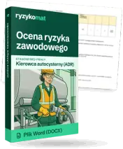 Pudełko dokumentu „Ocena ryzyka zawodowego” ze znakiem Ryzykomat i napisem „Plik Word (DOCX)” na froncie, ilustracja stanowiska „Kierowca autocysterny (ADR)”; zza pudełka wystaje strona prawdziwego dokumentu z rozmytą treścią