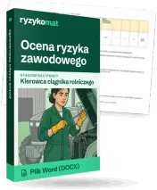 Pudełko dokumentu „Ocena ryzyka zawodowego” ze znakiem Ryzykomat i napisem „Plik Word (DOCX)” na froncie, ilustracja stanowiska „Kierowca ciągnika rolniczego”; zza pudełka wystaje strona prawdziwego dokumentu z rozmytą treścią