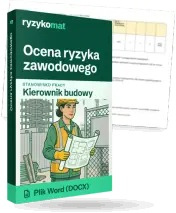 Pudełko dokumentu „Ocena ryzyka zawodowego” ze znakiem Ryzykomat i napisem „Plik Word (DOCX)” na froncie, ilustracja stanowiska „Kierownik budowy”; zza pudełka wystaje strona prawdziwego dokumentu z rozmytą treścią