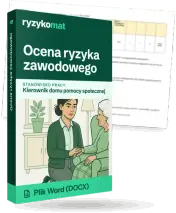 Pudełko dokumentu „Ocena ryzyka zawodowego” ze znakiem Ryzykomat i napisem „Plik Word (DOCX)” na froncie, ilustracja stanowiska „Kierownik domu pomocy społecznej”; zza pudełka wystaje strona prawdziwego dokumentu z rozmytą treścią