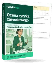 Pudełko dokumentu „Ocena ryzyka zawodowego” ze znakiem Ryzykomat i napisem „Plik Word (DOCX)” na froncie, ilustracja stanowiska „Kierownik działu zakupów”; zza pudełka wystaje strona prawdziwego dokumentu z rozmytą treścią