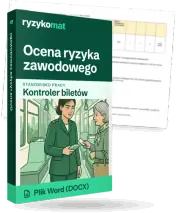Pudełko dokumentu „Ocena ryzyka zawodowego” ze znakiem Ryzykomat i napisem „Plik Word (DOCX)” na froncie, ilustracja stanowiska „Kontroler biletów”; zza pudełka wystaje strona prawdziwego dokumentu z rozmytą treścią