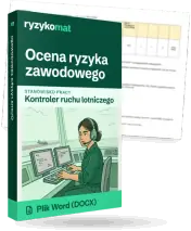 Pudełko dokumentu „Ocena ryzyka zawodowego” ze znakiem Ryzykomat i napisem „Plik Word (DOCX)” na froncie, ilustracja stanowiska „Kontroler ruchu lotniczego”; zza pudełka wystaje strona prawdziwego dokumentu z rozmytą treścią