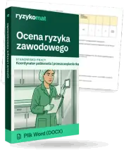 Pudełko dokumentu „Ocena ryzyka zawodowego” ze znakiem Ryzykomat i napisem „Plik Word (DOCX)” na froncie, ilustracja stanowiska „Koordynator pobierania i przeszczepiania tkanek i narządów”; zza pudełka wystaje strona prawdziwego dokumentu z rozmytą treścią