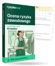 Pudełko dokumentu „Ocena ryzyka zawodowego” ze znakiem Ryzykomat i napisem „Plik Word (DOCX)” na froncie, ilustracja stanowiska „Krawiec”; zza pudełka wystaje strona prawdziwego dokumentu z rozmytą treścią