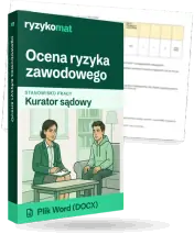 Pudełko dokumentu „Ocena ryzyka zawodowego” ze znakiem Ryzykomat i napisem „Plik Word (DOCX)” na froncie, ilustracja stanowiska „Kurator sądowy”; zza pudełka wystaje strona prawdziwego dokumentu z rozmytą treścią