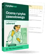 Pudełko dokumentu „Ocena ryzyka zawodowego” ze znakiem Ryzykomat i napisem „Plik Word (DOCX)” na froncie, ilustracja stanowiska „Laborant”; zza pudełka wystaje strona prawdziwego dokumentu z rozmytą treścią