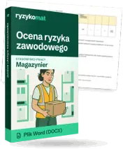 Pudełko dokumentu „Ocena ryzyka zawodowego” ze znakiem Ryzykomat i napisem „Plik Word (DOCX)” na froncie, ilustracja stanowiska „Magazynier”; zza pudełka wystaje strona prawdziwego dokumentu z rozmytą treścią