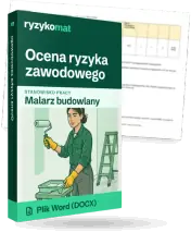 Pudełko dokumentu „Ocena ryzyka zawodowego” ze znakiem Ryzykomat i napisem „Plik Word (DOCX)” na froncie, ilustracja stanowiska „Malarz budowlany”; zza pudełka wystaje strona prawdziwego dokumentu z rozmytą treścią