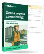 Pudełko dokumentu „Ocena ryzyka zawodowego” ze znakiem Ryzykomat i napisem „Plik Word (DOCX)” na froncie, ilustracja stanowiska „Manewrowy”; zza pudełka wystaje strona prawdziwego dokumentu z rozmytą treścią