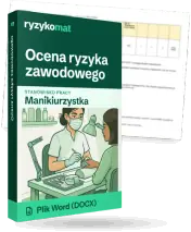 Pudełko dokumentu „Ocena ryzyka zawodowego” ze znakiem Ryzykomat i napisem „Plik Word (DOCX)” na froncie, ilustracja stanowiska „Manikiurzystka”; zza pudełka wystaje strona prawdziwego dokumentu z rozmytą treścią