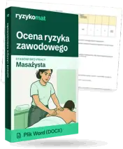 Pudełko dokumentu „Ocena ryzyka zawodowego” ze znakiem Ryzykomat i napisem „Plik Word (DOCX)” na froncie, ilustracja stanowiska „Masażysta”; zza pudełka wystaje strona prawdziwego dokumentu z rozmytą treścią