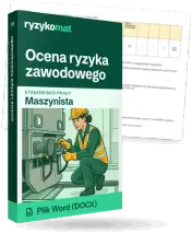 Pudełko dokumentu „Ocena ryzyka zawodowego” ze znakiem Ryzykomat i napisem „Plik Word (DOCX)” na froncie, ilustracja stanowiska „Maszynista”; zza pudełka wystaje strona prawdziwego dokumentu z rozmytą treścią