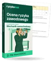 Pudełko dokumentu „Ocena ryzyka zawodowego” ze znakiem Ryzykomat i napisem „Plik Word (DOCX)” na froncie, ilustracja stanowiska „Mechanik samochodowy”; zza pudełka wystaje strona prawdziwego dokumentu z rozmytą treścią