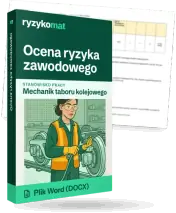 Pudełko dokumentu „Ocena ryzyka zawodowego” ze znakiem Ryzykomat i napisem „Plik Word (DOCX)” na froncie, ilustracja stanowiska „Mechanik taboru kolejowego”; zza pudełka wystaje strona prawdziwego dokumentu z rozmytą treścią