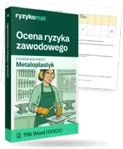 Pudełko dokumentu „Ocena ryzyka zawodowego” ze znakiem Ryzykomat i napisem „Plik Word (DOCX)” na froncie, ilustracja stanowiska „Metaloplastyk”; zza pudełka wystaje strona prawdziwego dokumentu z rozmytą treścią