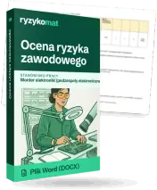 Pudełko dokumentu „Ocena ryzyka zawodowego” ze znakiem Ryzykomat i napisem „Plik Word (DOCX)” na froncie, ilustracja stanowiska „Monter elektroniki (podzespoły elektroniczne)”; zza pudełka wystaje strona prawdziwego dokumentu z rozmytą treścią