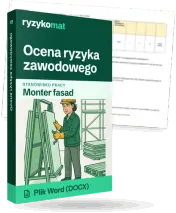 Pudełko dokumentu „Ocena ryzyka zawodowego” ze znakiem Ryzykomat i napisem „Plik Word (DOCX)” na froncie, ilustracja stanowiska „Monter fasad”; zza pudełka wystaje strona prawdziwego dokumentu z rozmytą treścią