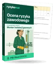 Pudełko dokumentu „Ocena ryzyka zawodowego” ze znakiem Ryzykomat i napisem „Plik Word (DOCX)” na froncie, ilustracja stanowiska „Monter instalacji gazowych”; zza pudełka wystaje strona prawdziwego dokumentu z rozmytą treścią