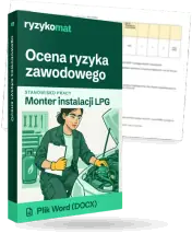 Pudełko dokumentu „Ocena ryzyka zawodowego” ze znakiem Ryzykomat i napisem „Plik Word (DOCX)” na froncie, ilustracja stanowiska „Monter instalacji LPG”; zza pudełka wystaje strona prawdziwego dokumentu z rozmytą treścią