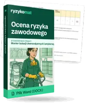 Pudełko dokumentu „Ocena ryzyka zawodowego” ze znakiem Ryzykomat i napisem „Plik Word (DOCX)” na froncie, ilustracja stanowiska „Monter izolacji chemoodpornych i antykorozyjnych”; zza pudełka wystaje strona prawdziwego dokumentu z rozmytą treścią
