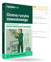 Pudełko dokumentu „Ocena ryzyka zawodowego” ze znakiem Ryzykomat i napisem „Plik Word (DOCX)” na froncie, ilustracja stanowiska „Monter klimatyzacji i wentylacji”; zza pudełka wystaje strona prawdziwego dokumentu z rozmytą treścią