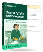 Pudełko dokumentu „Ocena ryzyka zawodowego” ze znakiem Ryzykomat i napisem „Plik Word (DOCX)” na froncie, ilustracja stanowiska „Monter maszyn i urządzeń przemysłowych”; zza pudełka wystaje strona prawdziwego dokumentu z rozmytą treścią
