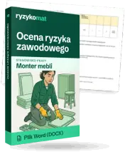 Pudełko dokumentu „Ocena ryzyka zawodowego” ze znakiem Ryzykomat i napisem „Plik Word (DOCX)” na froncie, ilustracja stanowiska „Monter mebli”; zza pudełka wystaje strona prawdziwego dokumentu z rozmytą treścią