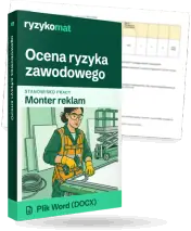 Pudełko dokumentu „Ocena ryzyka zawodowego” ze znakiem Ryzykomat i napisem „Plik Word (DOCX)” na froncie, ilustracja stanowiska „Monter reklam”; zza pudełka wystaje strona prawdziwego dokumentu z rozmytą treścią