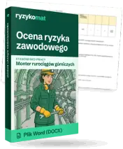 Pudełko dokumentu „Ocena ryzyka zawodowego” ze znakiem Ryzykomat i napisem „Plik Word (DOCX)” na froncie, ilustracja stanowiska „Monter rurociągów górniczych”; zza pudełka wystaje strona prawdziwego dokumentu z rozmytą treścią