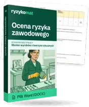 Pudełko dokumentu „Ocena ryzyka zawodowego” ze znakiem Ryzykomat i napisem „Plik Word (DOCX)” na froncie, ilustracja stanowiska „Monter wyrobów z tworzyw sztucznych”; zza pudełka wystaje strona prawdziwego dokumentu z rozmytą treścią