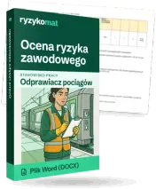 Pudełko dokumentu „Ocena ryzyka zawodowego” ze znakiem Ryzykomat i napisem „Plik Word (DOCX)” na froncie, ilustracja stanowiska „Odprawiacz pociągów”; zza pudełka wystaje strona prawdziwego dokumentu z rozmytą treścią