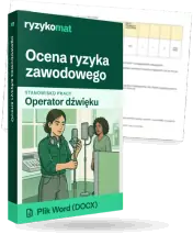 Pudełko dokumentu „Ocena ryzyka zawodowego” ze znakiem Ryzykomat i napisem „Plik Word (DOCX)” na froncie, ilustracja stanowiska „Operator dźwięku”; zza pudełka wystaje strona prawdziwego dokumentu z rozmytą treścią